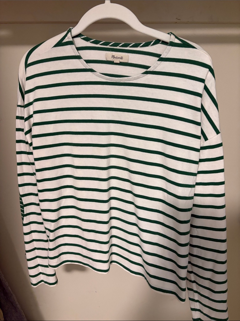 Madewell Women’s White Tee with Green Stripes - Long Sleeve